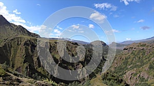 Timelapse of clouds, green Canyon and Mountain peak on the Fimmvorduhals Hiking trail near Thorsmork