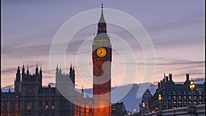 Timelapse of Elizabeth Tower Big Ben on the Palace of Westminster at sunset