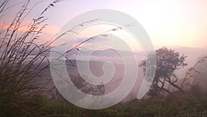 Timelapse of foggy sunrise on the Little Adam's Peak in Ella, Sri Lanka