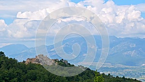 Timelapse footage of the heavy clouds moving over the historical Kantara Castle in Davlos, Cyprus