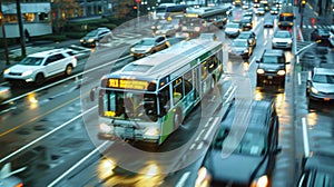 A timelapse image of a biofuel bus navigating through heavy traffic highlighting its reliability and efficiency in a