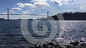 A timelapse movie of the Lion`s Gate Bridge and the ocean at day time.