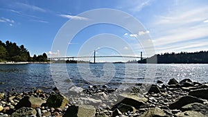 A timelapse movie of the Lion`s Gate Bridge and the ocean at day time.   Wide Ver.