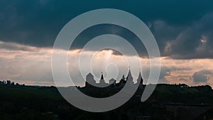 Timelapse of moving clouds over medieval castle Kamianets-Podilskyi