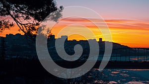 Timelapse panorama of transport on the bridge and sunrise over the Belaya River in Ufa, Bashkiria, Russia