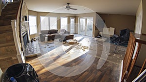 A timelapse photo series of a family room being transformed with the removal of old carpeting and the installation of photo