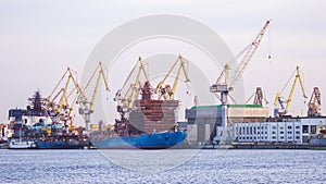 timelapse Port Ship Repair crane dock shipping .logistic company concept