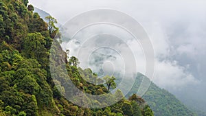 Timelapse of rolling clouds in mountainous landscape