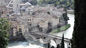 Timelapse at Roman Bridge called Ponte di Pietra, Verona, Italy