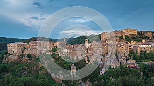 Timelapse of sunset landscapes of an Italian medieval city, Sorano in the province of Grosseto in southern Tuscany, Italy