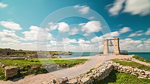 Timelapse. Tourists visiting the bell of the ancient city of Chersonesos by the Black Sea, Sevastopol The alarm bell in