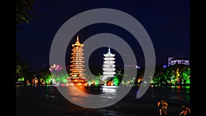 Timelapse of twin pagodas in Guilin, famous travel spot in Guangxi, China