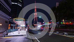 timelapse view of street with traffic leads to Nagoya TV tower,a tourist famous attraction landmark of Nagoya city in Sakae area