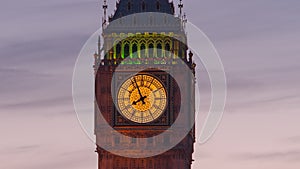 Timelapse with zoom of Elizabeth Tower Big Ben on the Palace of Westminster at sunset