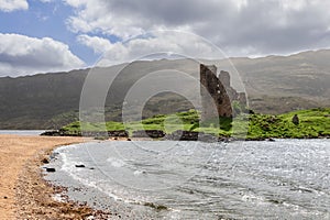 Timeless allure of Ardvreck Castle, set against the lush green Scottish Highlands and tranquil lake