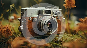 Timeless Artistry: Brown Camera In The Grass With Atmospheric Woodland Imagery