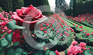 Timeless beauty of a classic rose garden in full bloom. Panorama