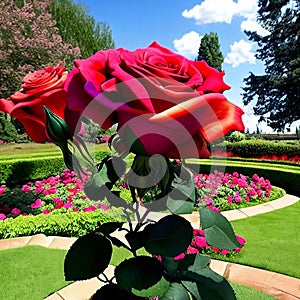 Timeless beauty of a classic rose garden in full bloom. Panorama