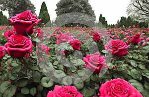 Timeless beauty of a classic rose garden in full bloom. Panorama