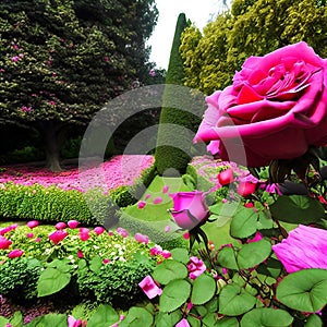 Timeless beauty of a classic rose garden in full bloom. Panorama