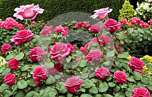 Timeless beauty of a classic rose garden in full bloom. Panorama