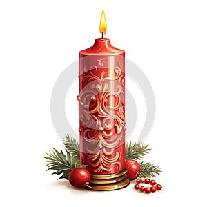 Timeless Beauty: Oil Paint Christmas Candle Shining Isolated on White Background