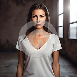 Timeless beauty, photographic model showcasing v-neck tee in a timelessly stunning environment photo