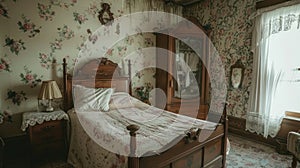 Timeless bedroom elegance highlighted by pastel linens, antique wood, intricate lace, and warm, atmospheric lighting