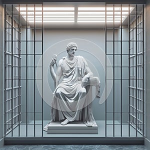 Timeless Captivity. Antique Greek statue sitting illuminated in center of white room with bars.