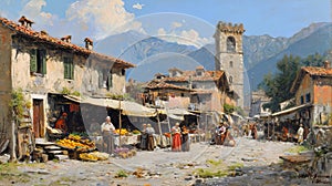 Timeless Charm: Italian Village Market, 1870 Painting