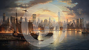 Timeless Contrasts: 18th Century Ships Amidst Modern New York