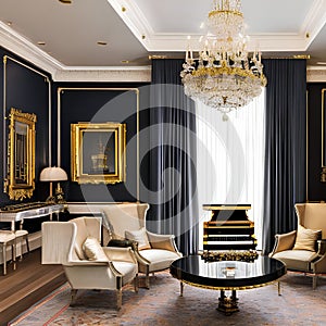 Timeless Elegance: A classic living room featuring a grand piano, velvet drapes, and gilded frames adorning the walls The space