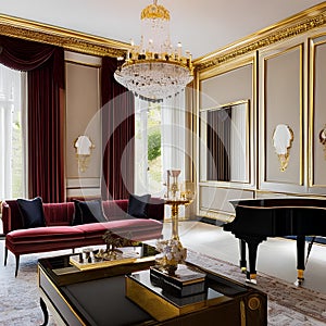 Timeless Elegance: A classic living room featuring a grand piano, velvet drapes, and gilded frames adorning the walls The space