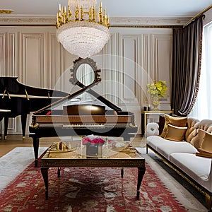 Timeless Elegance: A classic living room featuring a grand piano, velvet drapes, and gilded frames adorning the walls The space