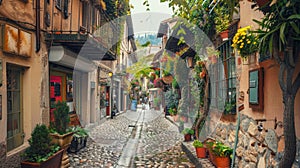 The timeless elegance of a cobblestoned street is captured here, lined with pastel-hued buildings and welcoming photo