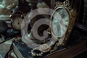 Timeless Elegance Collage: vintage clocks, elegant jewelry, AI generated