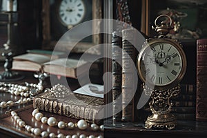 Timeless Elegance Collage: vintage clocks, elegant jewelry, AI generated