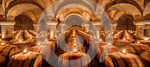 Timeless elegance heritage wine cellar in historic chateau with candlelit aging barrels