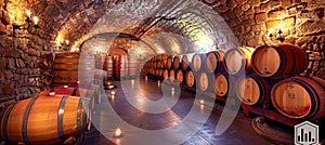 Timeless elegance heritage wine cellar in historic chateau with candlelit aging barrels