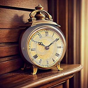 Timeless elegance of a vintage clock placed on a weathered wooden mantelpiece.