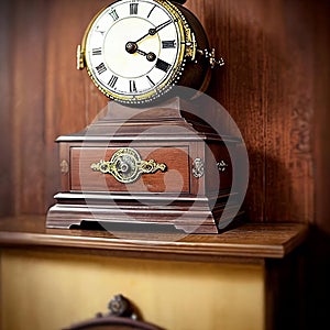 Timeless elegance of a vintage clock placed on a weathered wooden mantelpiece.