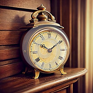 Timeless elegance of a vintage clock placed on a weathered wooden mantelpiece. photo