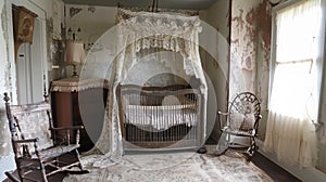 Timeless Elegance: Vintage Nursery with Antique Crib, Heirloom Rocking Chair, and Delicate Lace Canopy