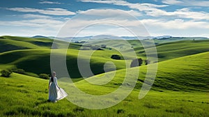 Timeless Elegance: A Woman Walking Through A Green Field