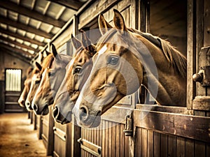 A Timeless Encounter Three Intrigued Horses Gaze Out from Modern Stable Stalls in a Vintage Photograph photo