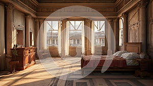 Timeless Luxury: Ancient Roman Bedroom with Mosaic Floors and Pillared Windows