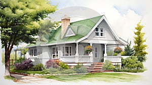 Timeless Nostalgia: Watercolor Cottage With Green Roof And Porch Design