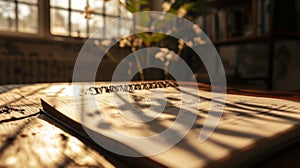 Timeless Tranquility: Sunlit Calendar Resting on Rustic Wooden Table