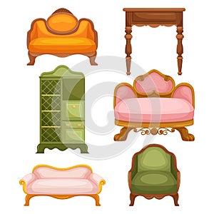 Timeless Vintage Furniture Set. Table, Sofa, Dresser And Armchairs With Elegant Craftsmanship And Details