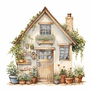 Timeless Watercolor Illustration Of A Botanical Wooden Cottage With Colorful Arrangements